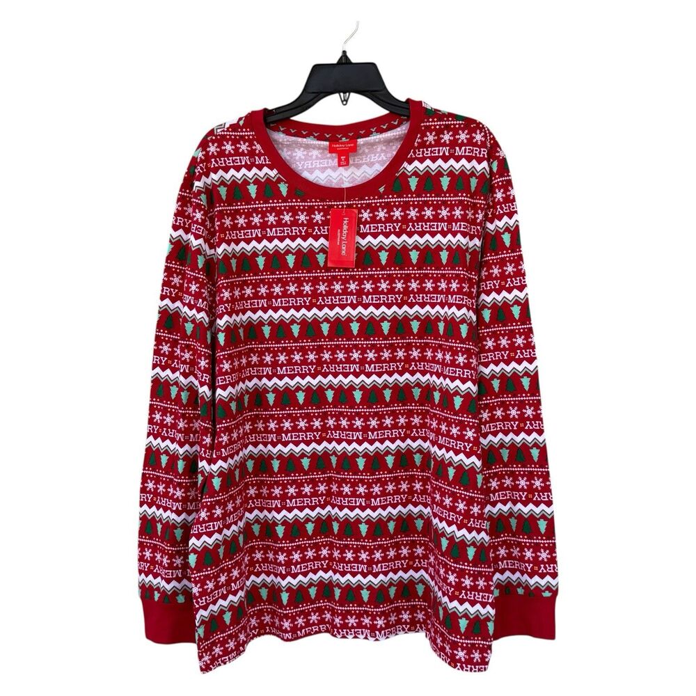 NWT Holiday Lane Men’s XL Pajama Top Long Sleeve Cotton Red Merry Christmas Tree